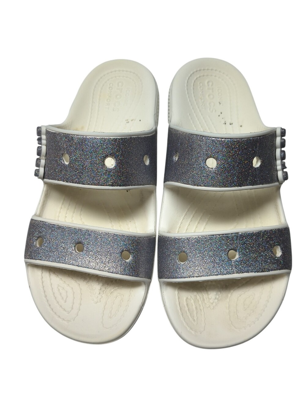 Crocs Classic Glitter II Slides Featuring Silver Glitter On Dual Straps Size 8